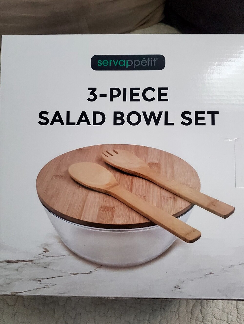 servappétit 3-Piece Salad Bowl Set with Bamboo Lid & Servers - Natural Brown